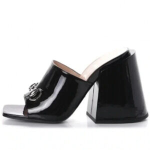 Gucci Lexi 105 Black Patent Leather Horsebit Backless Sandal Mule Block Heel